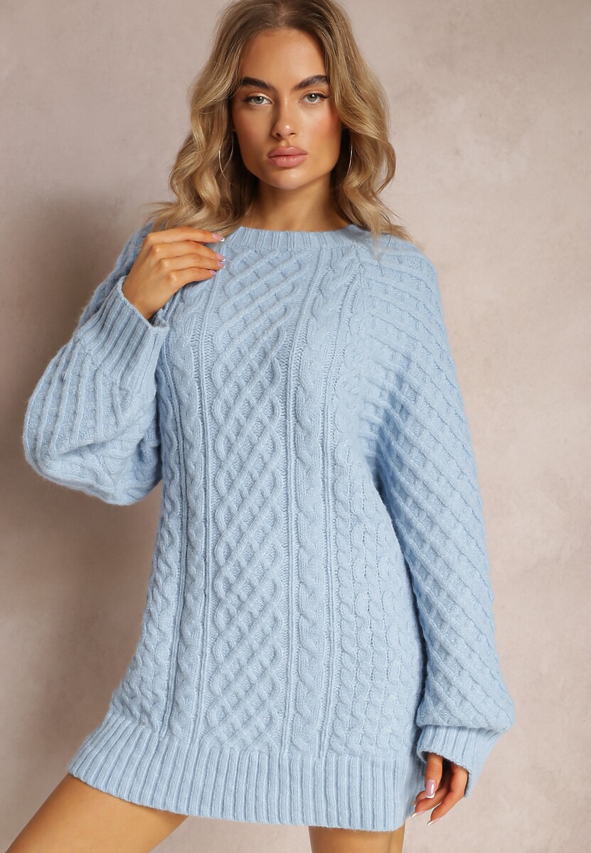 Jasnoniebieski Długi Sweter Ozdobiony Drobnym Splotem Killoe
