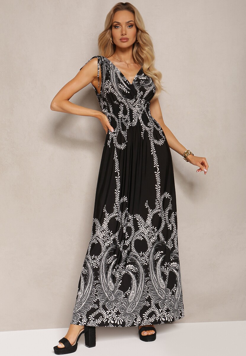 Czarna Sukienka z Gumką w Pasie i Troczkami na Ramionach z Roślinnym Wzorem Ahnipeda