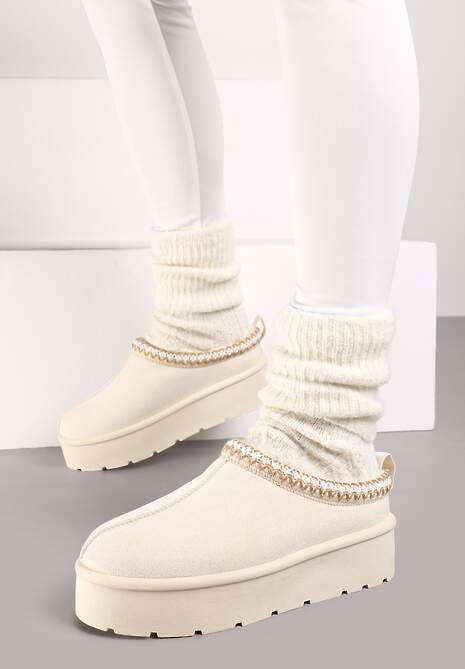 Beżowe Śniegowce z Haftowanym Paseczkiem na Platformie Iridalia