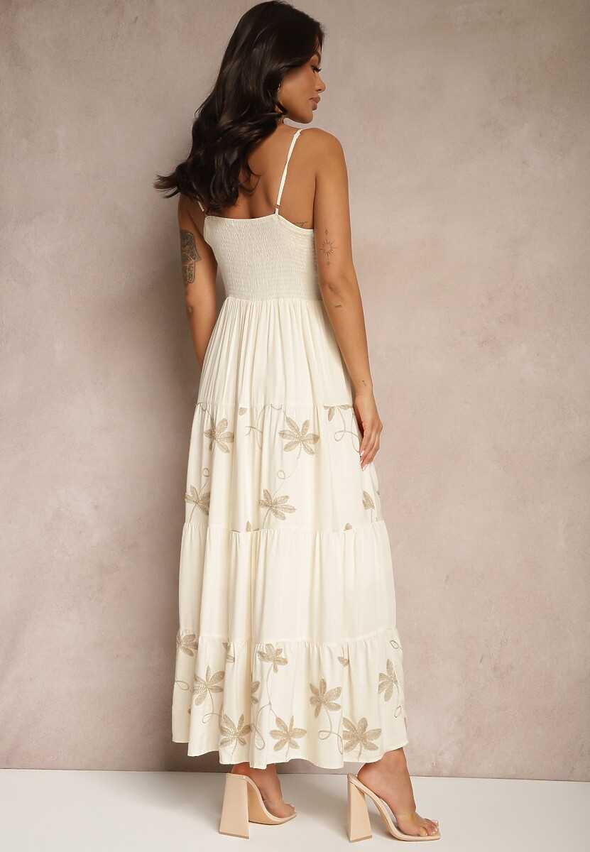 Jasnobeżowa Rozkloszowana Sukienka z Wiskozy z Haftowanym Motywem na Ramiączkach Telilia