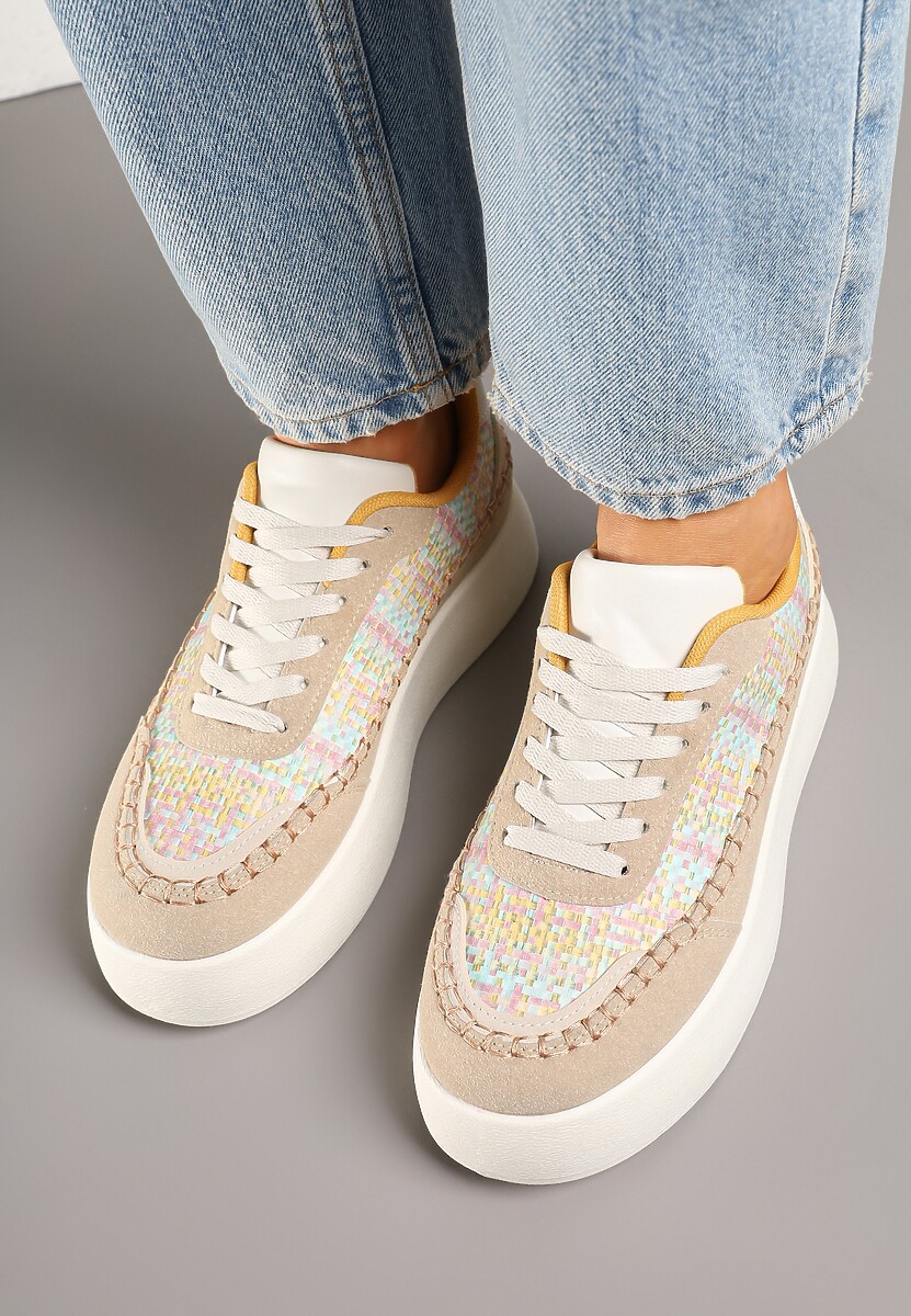 Ciemnobeżowe Sneakersy na Platformie Ozdobione Plecionką Nilaraviela