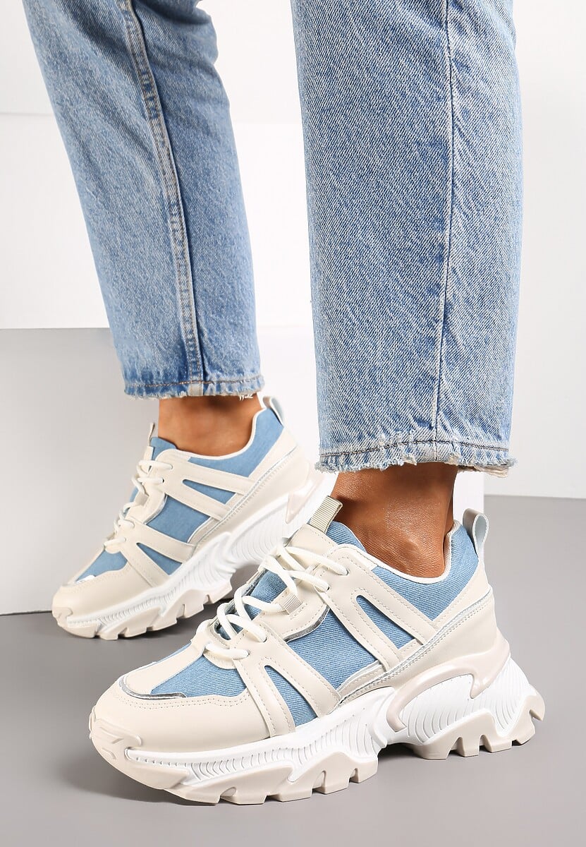 Beżowo-Niebieskie Sznurowane Sneakersy na Grubej Podeszwie ze Wstawkami i Brokatem Widgeta