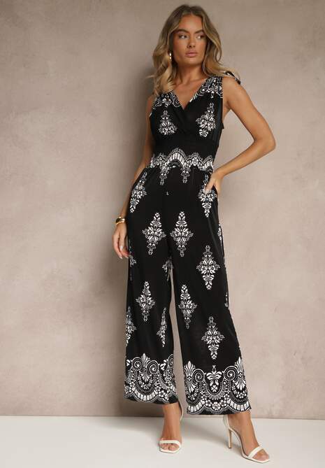 Czarny Kombinezon z Dekoltem w Kształcie Litery V Zdobiony Etnicznym Printem Izlina