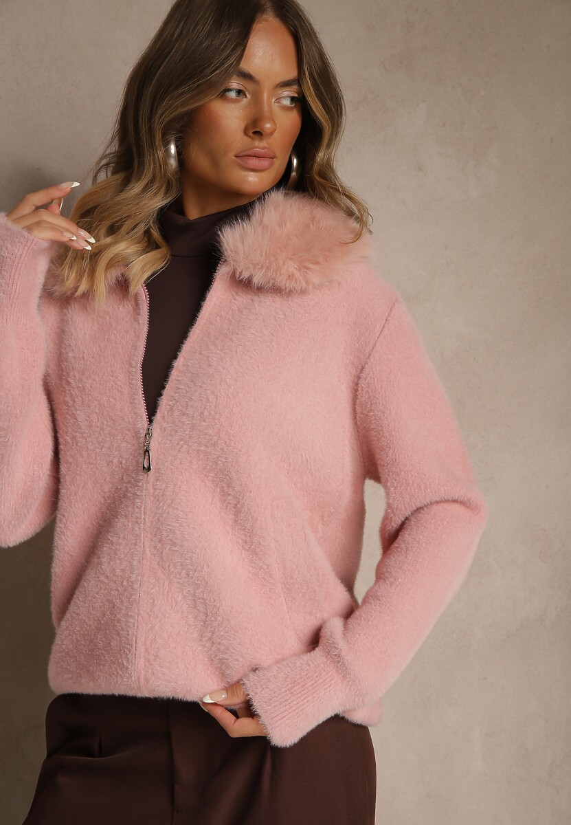 Różowy Zasuwany Kardigan z Wełną z Futerkowym Kołnierzem Asiste
