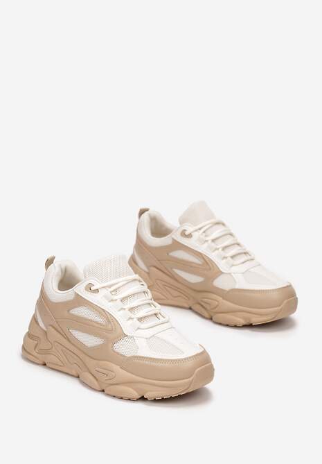 Ciemnobeżowe Sneakersy na Grubej Podeszwie ze Wstawkami Tula