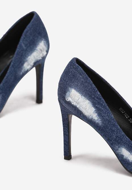 Granatowe Szpilki z Jeansowego Materiału z Przetarciami Halabi