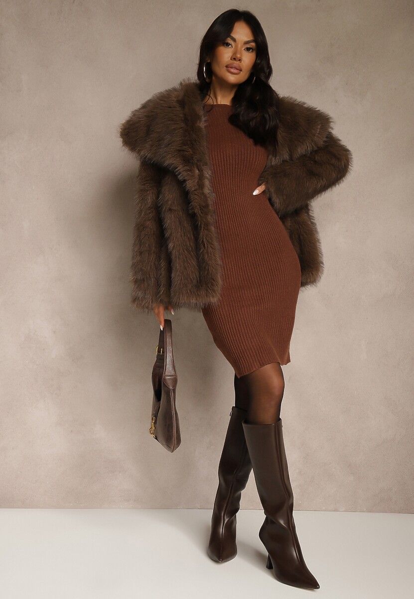 Brązowa Sweterkowa Dopasowana Sukienka z Bawełną Reileta