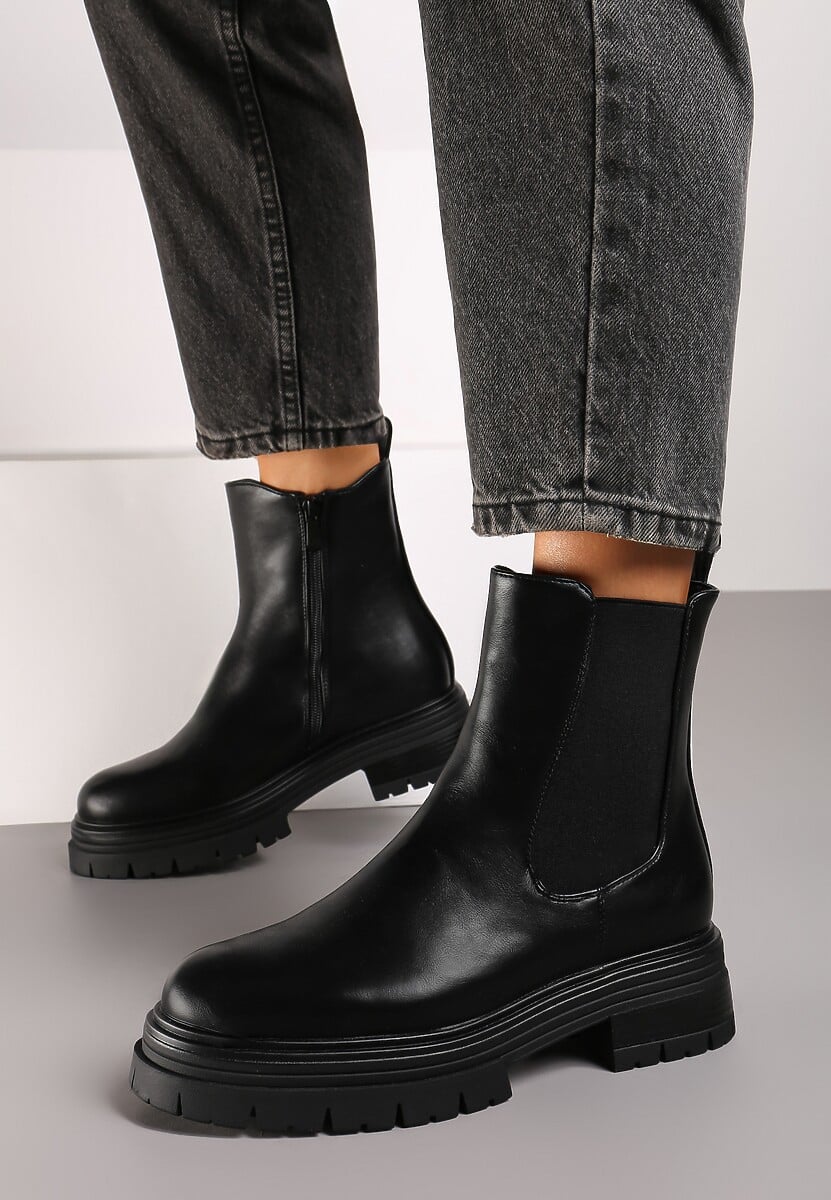 Czarne Botki Sztyblety na Płaskiej Podeszwie z Lekkim Ociepleniem Zetiena