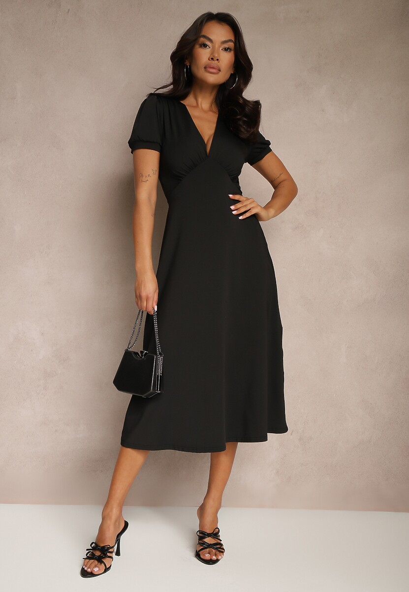 Czarna Rozkloszowana Sukienka z Wiskozą Koktajlowa z Poduszkami w Ramionach Mimiza