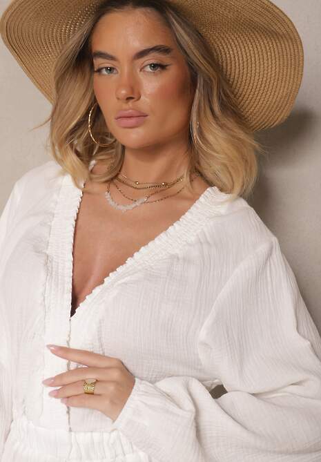 Biała Sukienka Bawełniana o Rozkloszowanym Fasonie z Dekoltem V Sallivia