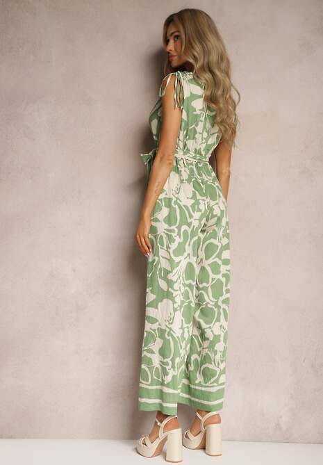 Zielony Kombinezon z Dodatkiem Wiskozy Paskiem w Talii i Kopertowym Dekoltem Paratia