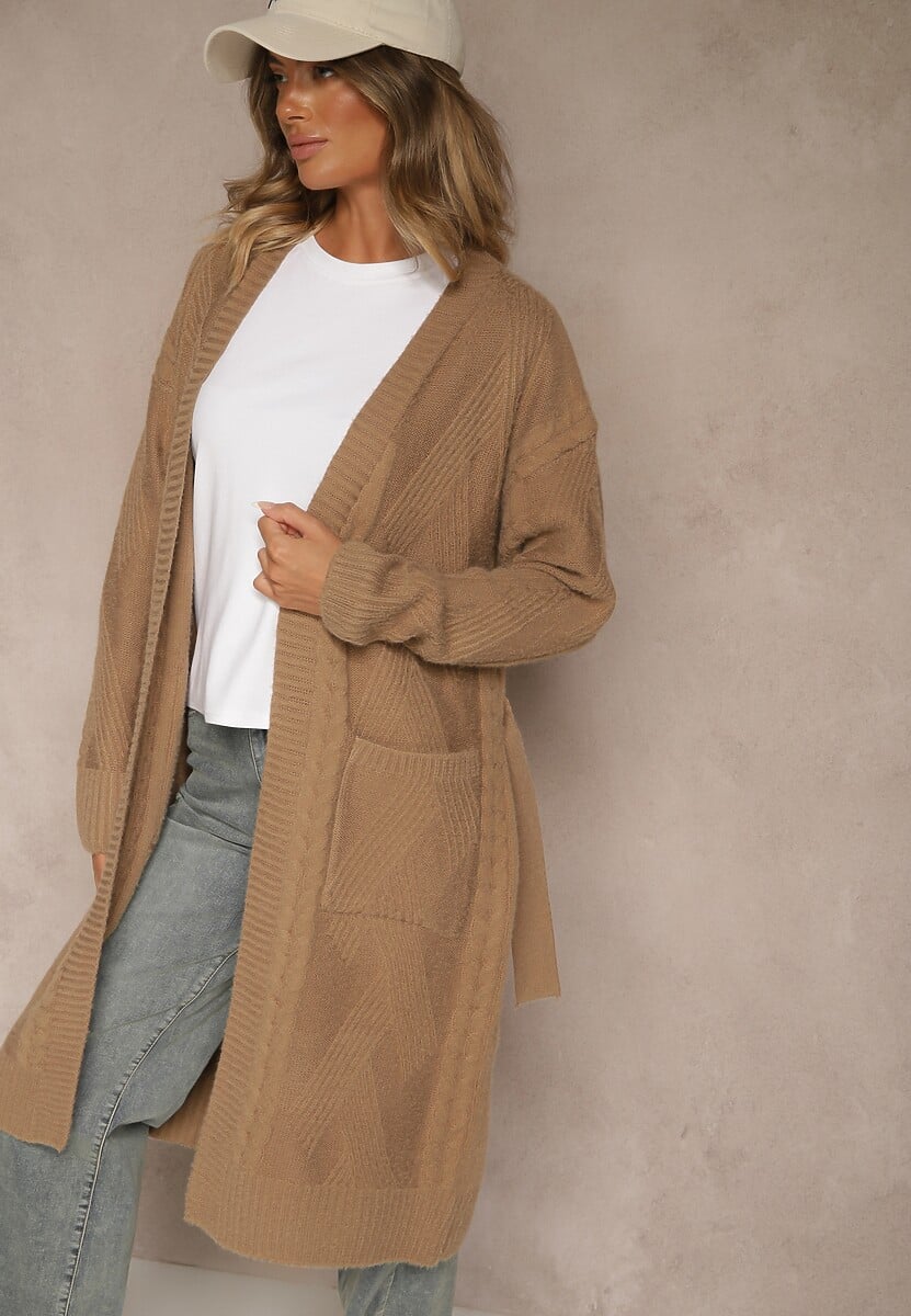 Beżowy Tłoczony Kardigan z Wełną o Kroju Bez Zapięć z Paskiem Dorrive