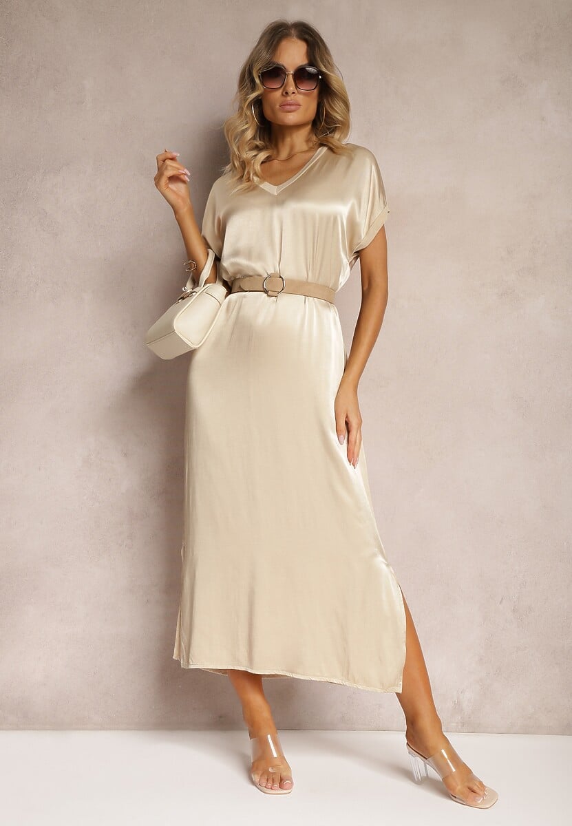 Beżowa Casualowa Sukienka z Wiskozy Oversize o Pudełkowym Kroju Morarose