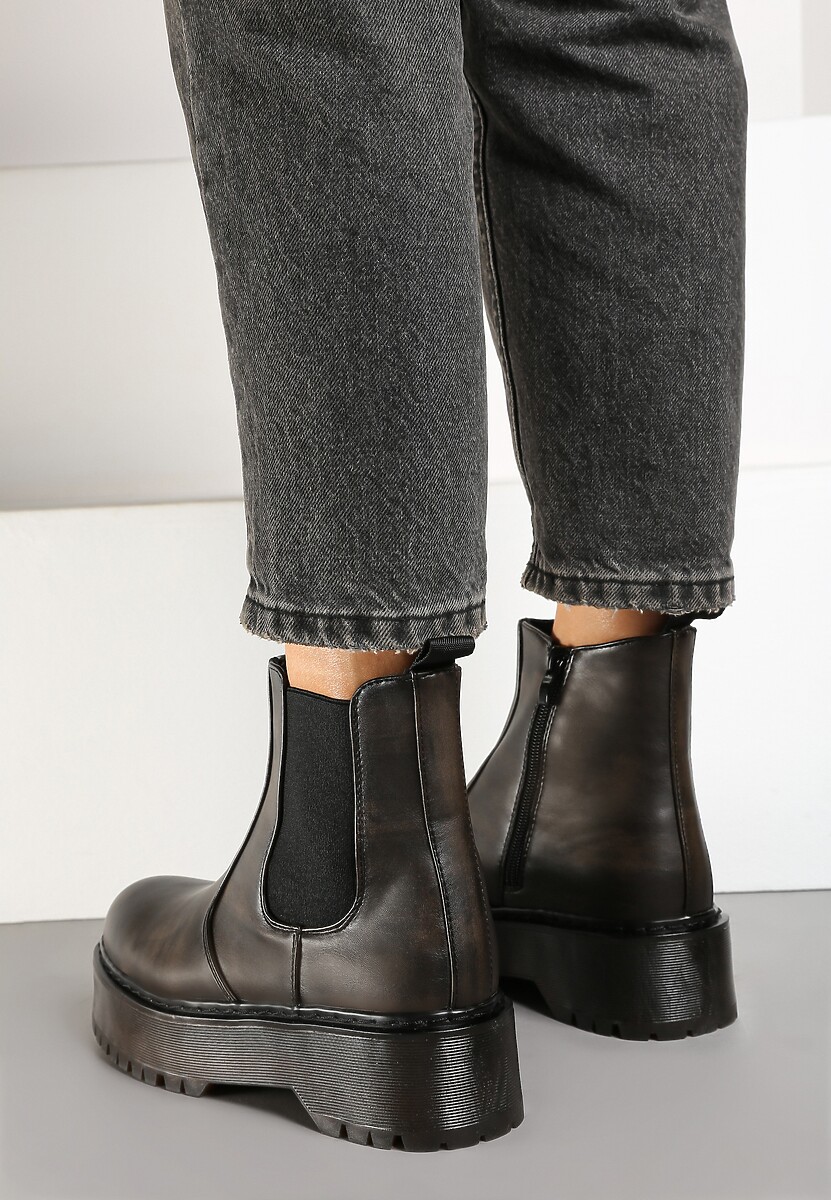 Brązowe Botki na Platformie w Stylu Sztybletów z Elastyczną Wstawką Atinovia