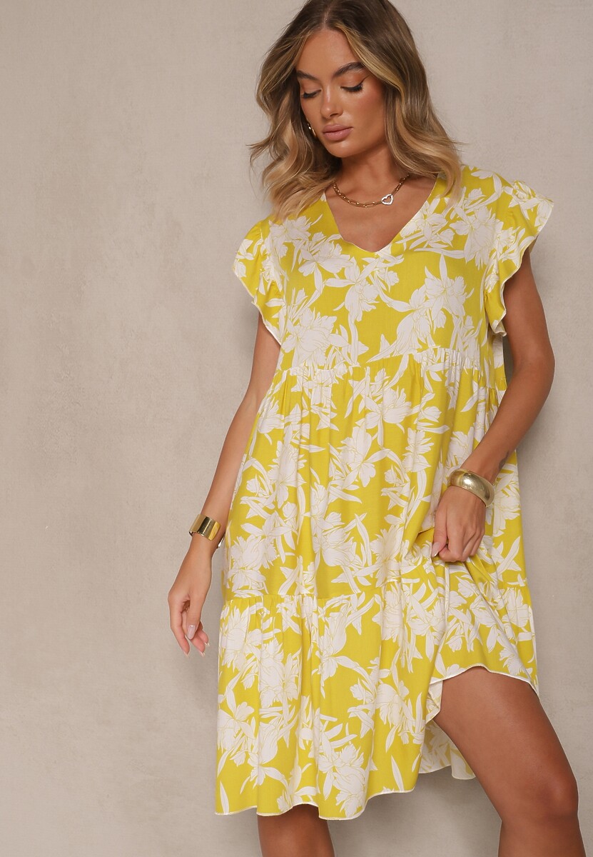 Żółta Kwiatowa Rozkloszowana Sukienka z Bawełny Liravira
