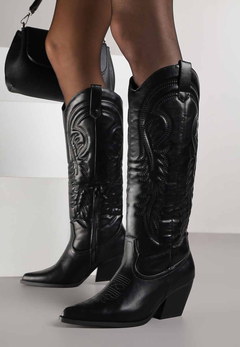 Czarne Kozaki Kowbojki na Stożkowym Obcasie Zdobione Przeszyciami Lumifera