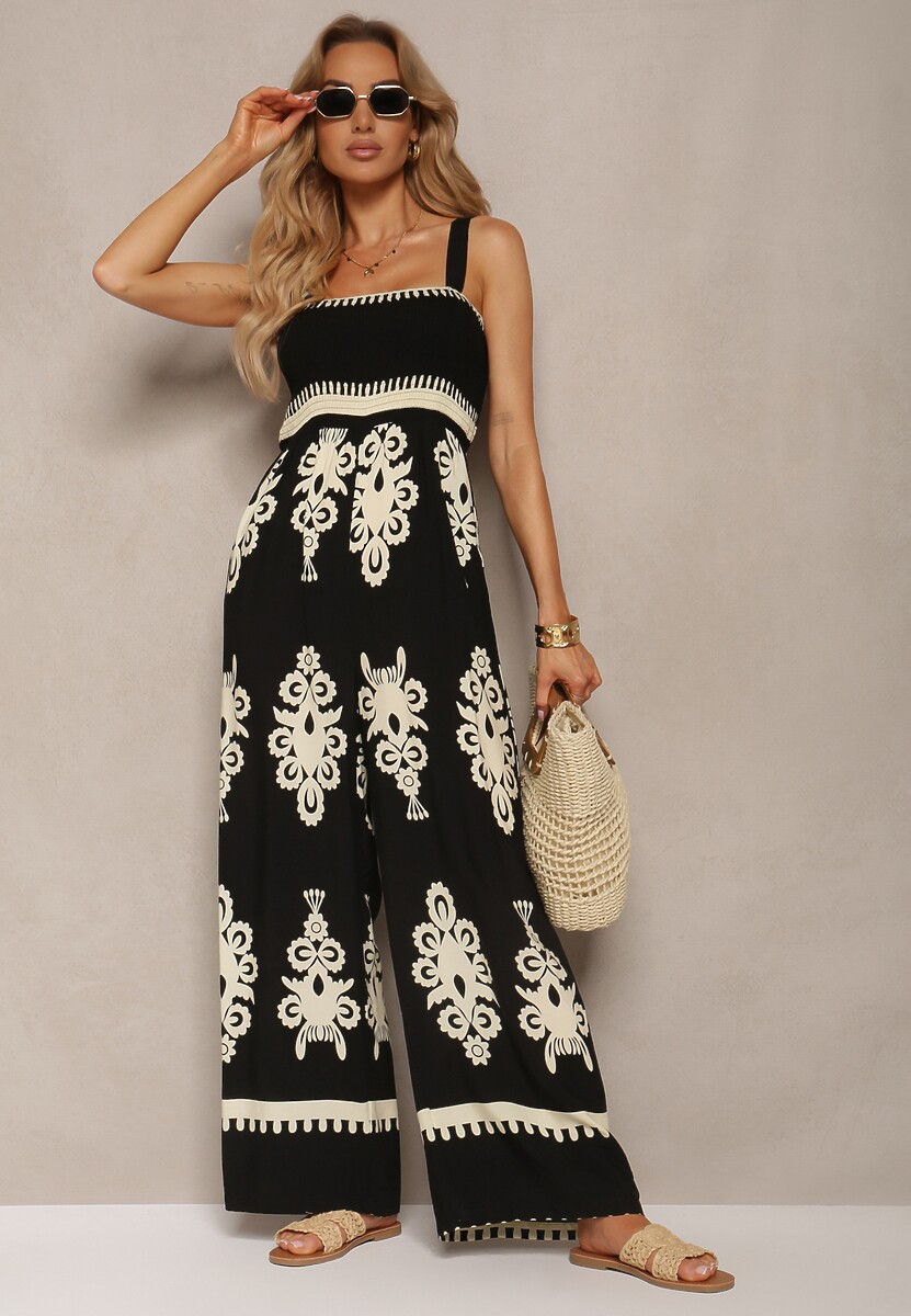 Czarno-Beżowy Wiskozowy Kombinezon z Marszczonym Dekoltem na Ramiączkach z Długimi Nogawkami Amperia