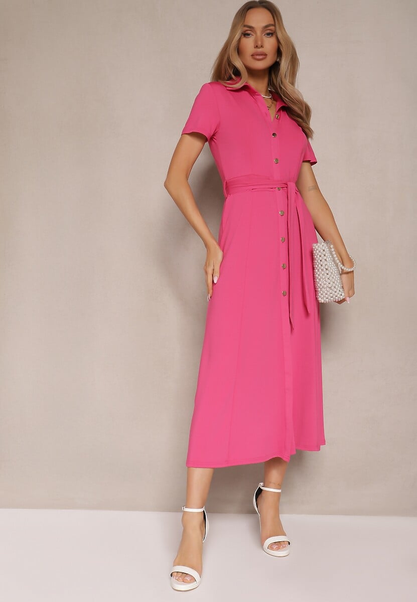Fuksjowa Sukienka Koszulowa z Wiązanym Paskiem Asheila
