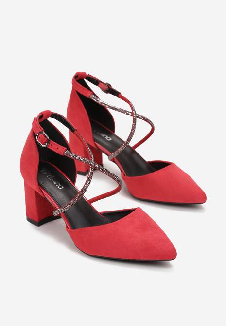 Czerwone Czółenka na Słupku z Paskami z Cyrkoniami i Szpiczastymi Noskami Jarise