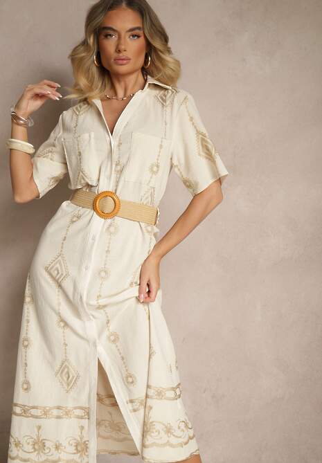 Beżowa Koszulowa Sukienka z Bawełny z Plecionym Paskiem Sariene