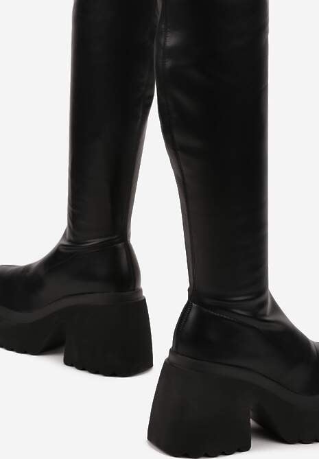 Czarne Kozaki na Platformie i Słupku z Dopasowaną Cholewką za Kolano Geniefra