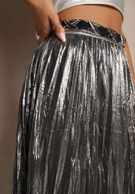 Srebrna Plisowana Spódnica z Gumką w Pasie Zdobiona Metalicznymi Przeszyciami Zanirra