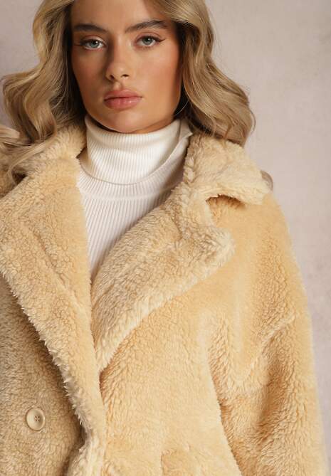 Beżowy Płaszcz Typu Teddy z Futerka z Kieszeniami Serenzi