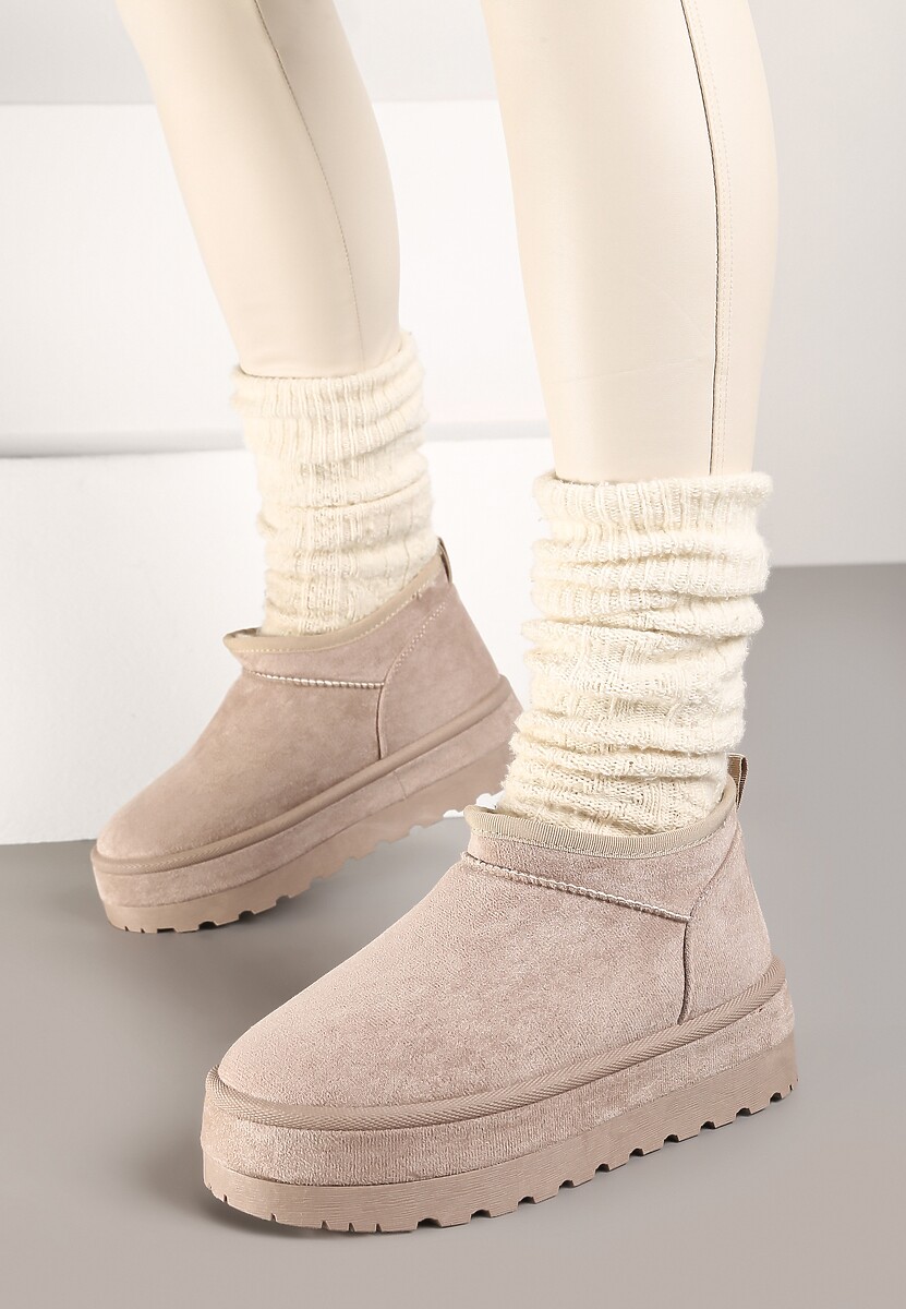 Jasnobeżowe Krótkie Śniegowce Vices z Ozdobną Lamówką Olfedi