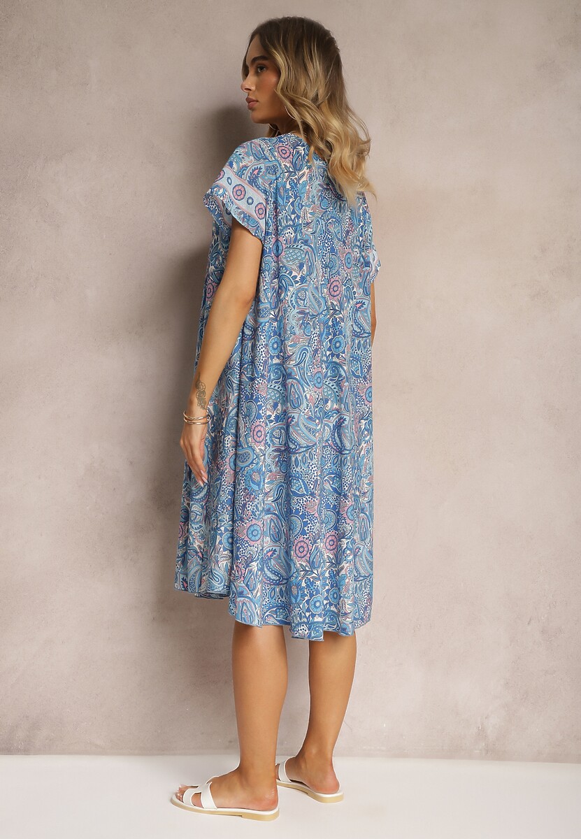 Niebieska Sukienka Boho z Wiskozy z Cienkim Paskiem w Talii Rivasea