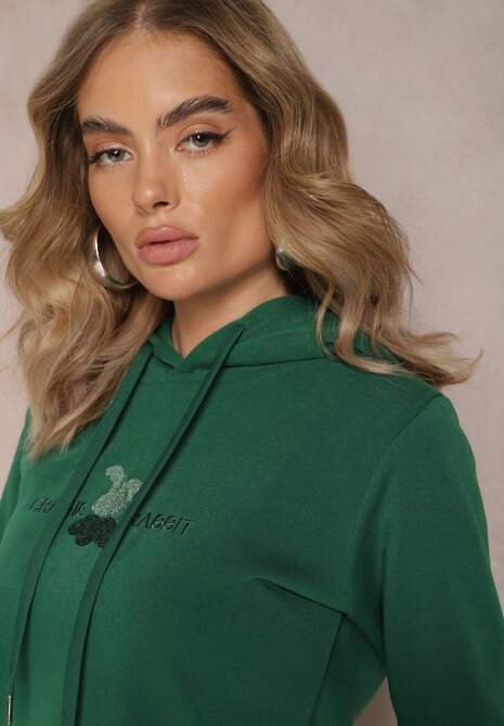 Zielona Ocieplona Bluza z Kapturem Ozdobiona Naszywką i Napisem Eirellia