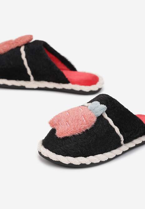 Czarne Kapcie z Futerkiem i Ozdobą Zretol