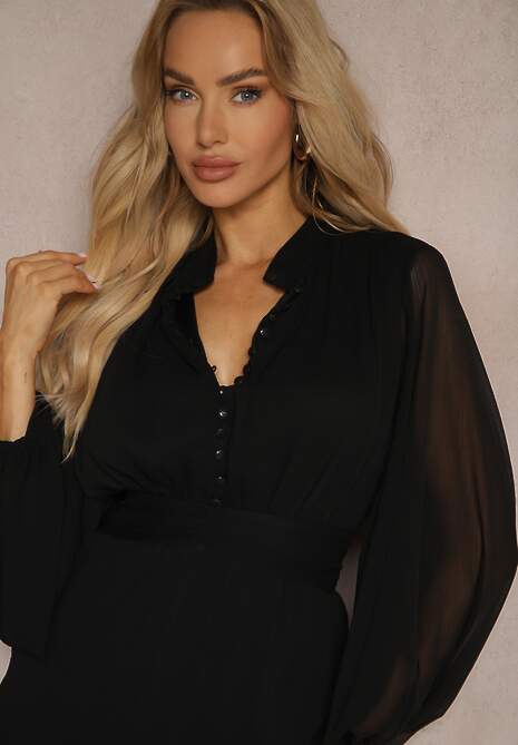 Czarna Sukienka Mini z Marszczoną Gumką i Przezroczystymi Rękawami Janay