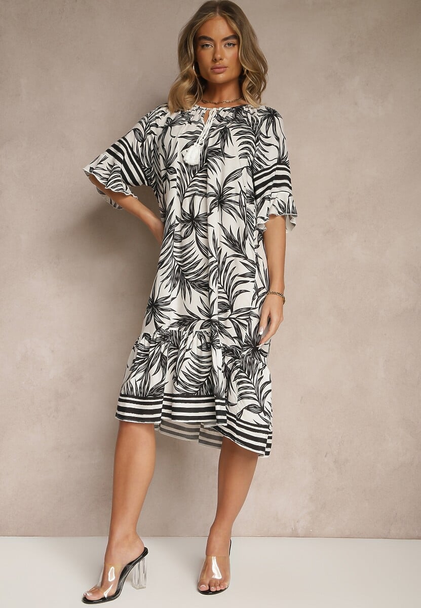 Zielona Pudełkowa Sukienka Zdobiona Roślinnym Printem i Wiązaniem przy Dekolcie Miranissa