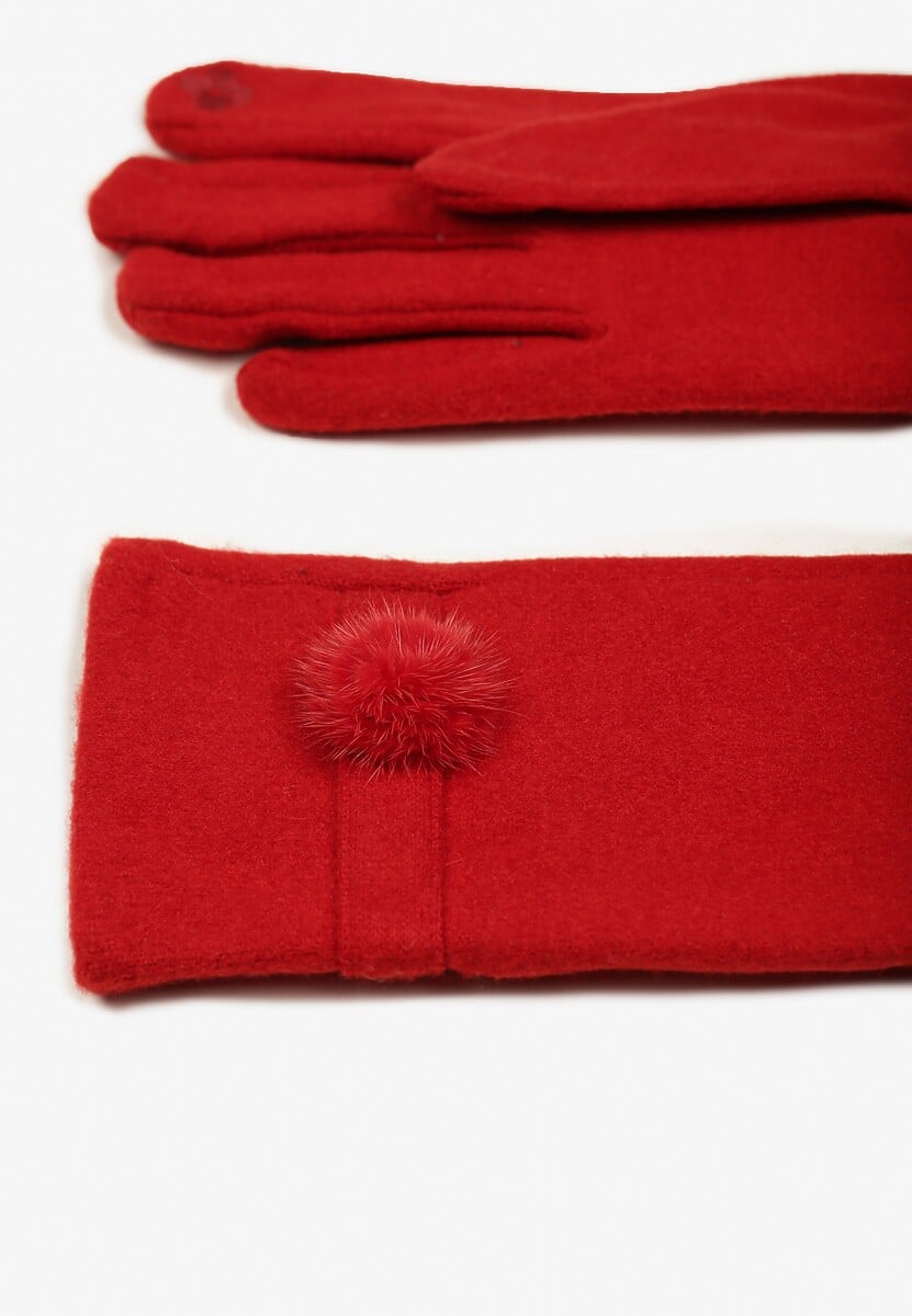 Bordowe Rękawiczki Dzianinowe z Dodatkiem Bawełny Ozdobione Pomponem Zinnatra