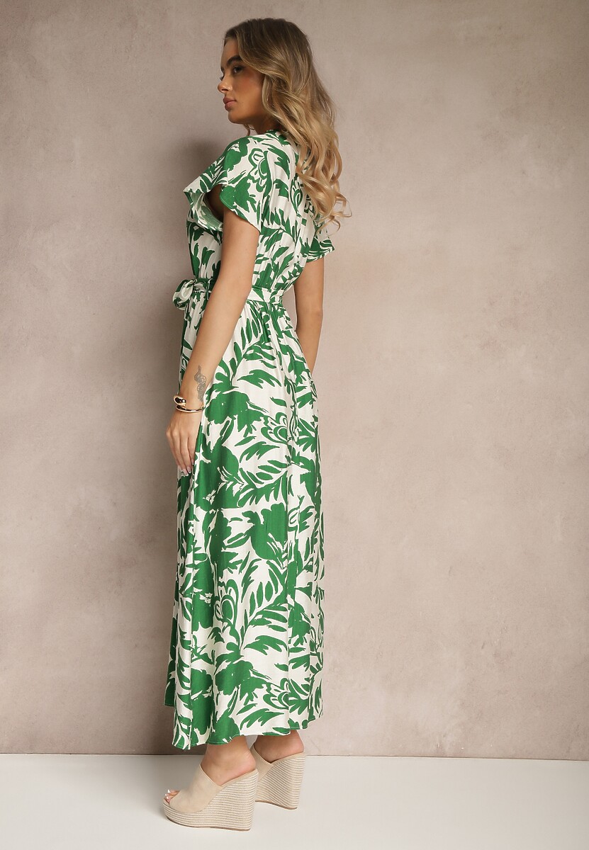 Zielona Wiskozowa Sukienka Kopertowa o Rozkloszowanym Kroju z Paskiem Rerriana