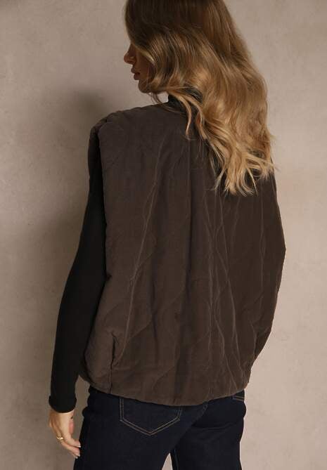 Brązowa Sztruksowa Kamizelka z Bawełny Bez Zapięć Tisanna