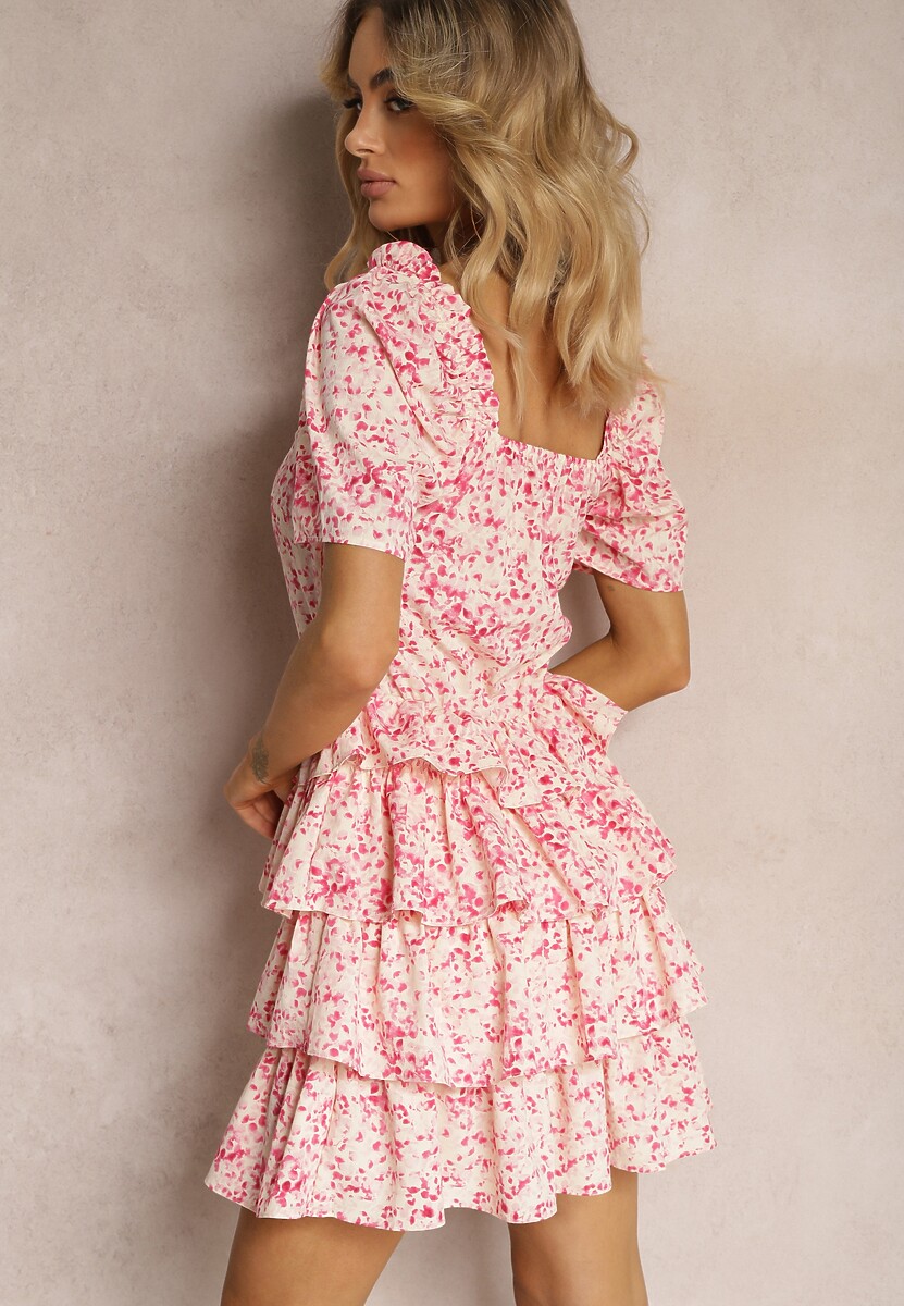 Różowa Sukienka o Rozkloszowanym Fasonie z Falbankami w Drobny Wzór Uveria
