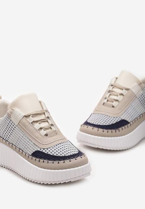Beżowo-Niebieskie Sneakersy na Platformie Ozdobione Tweedowymi Wstawkami i Cyrkoniami Eganna