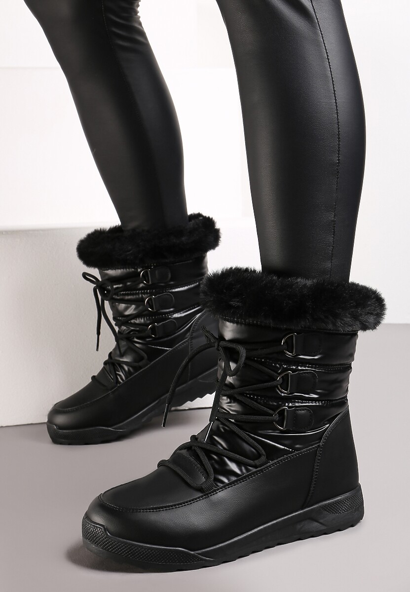 Czarne Sznurowane Śniegowce z Ozdobnym Futerkiem Betmiga