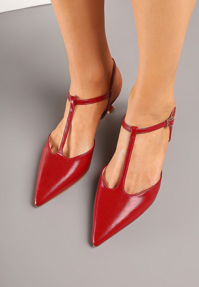 Czerwone Czółenka na Obcasie Kaczuszce Ozdobione Paskami Peselle