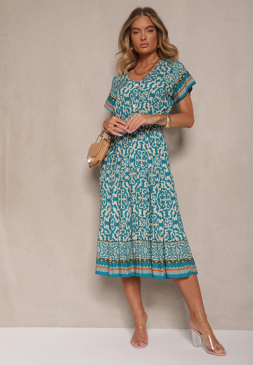 Jasnozielona Sukienka z Bawełny z Gumką w Pasie i Ozdobnymi Guzikami Natifarela