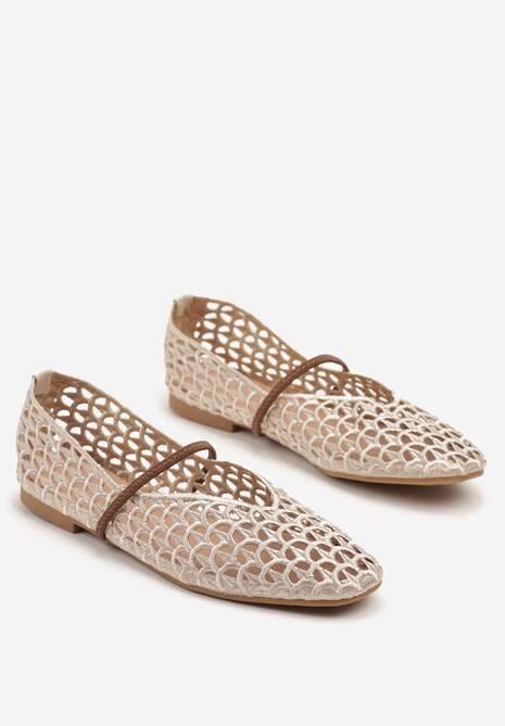 Ciemnobeżowe Szydełkowe Balerinki w Stylu Boho z Paskiem Vomea