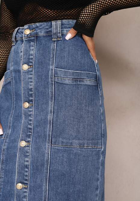 Niebieska Jeansowa Spódnica Midi Zapinana na Guziki Mimmera