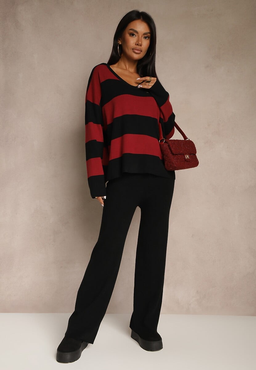 Bordowy Komplet z Dzianiny Spodnie Wide Leg i Sweter w Szerokie Pasy Falorella