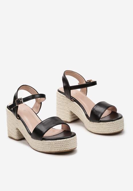 Czarne Sandały na Słupku i Platformie z Plecionką z Juty Sigarata