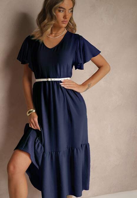 Granatowa Rozkloszowana Sukienka z Wiskozą w Casualowym Stylu Filarenna