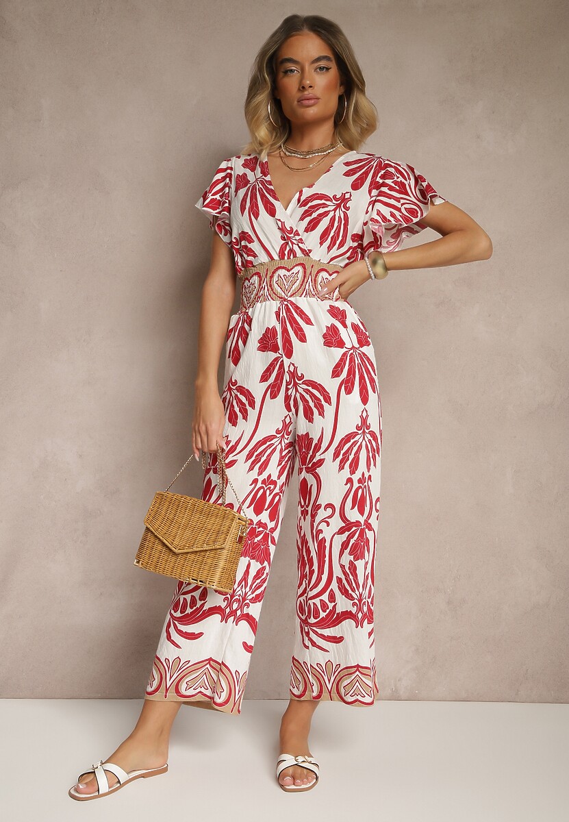 Bordowy Kombinezon z Wiskozy z Zaznaczoną Talią w Boho Wzór i Dekoltem V Virazia