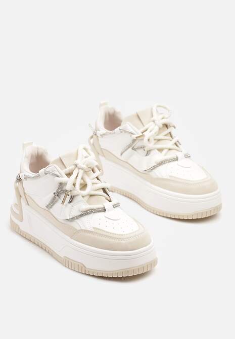 Biało-Beżowe Sneakersy na Platformie z Paskiem z Cyrkonii Aneolin