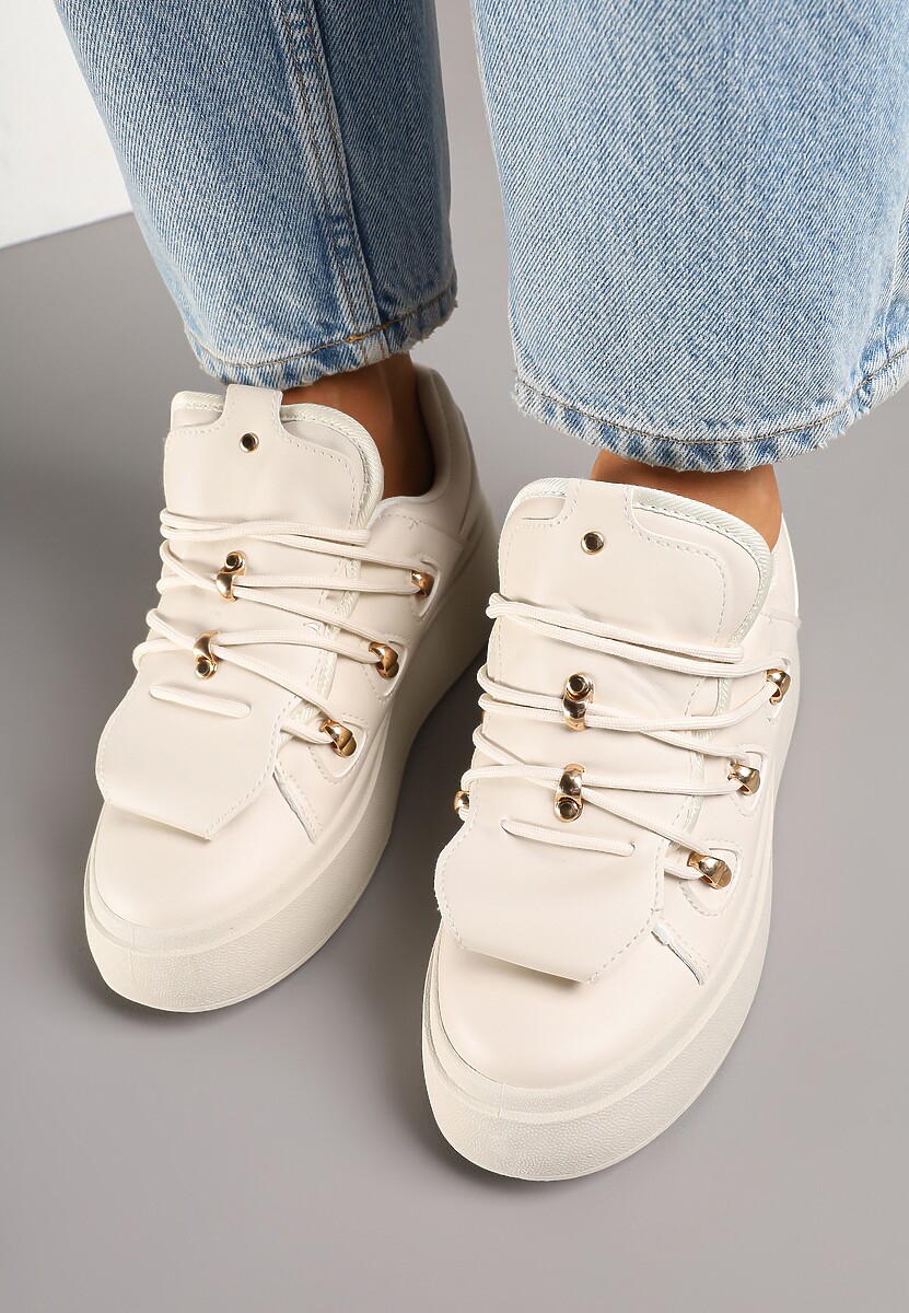 Beżowe Sneakersy na Platformie Ozdobione Wstawką i Rzemykami na Języku Barilsa