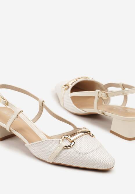 Białe Sandały na Słupkowym Obcasie Zdobione Tweedem i Aplikacją Nilioris
